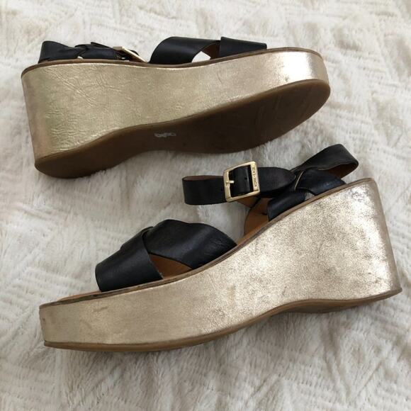 Kork-Ease Black Leather Metallic Wedge Sandals - Picture 2 of 8